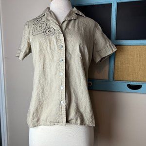 e-col-o-gie 100% Linen Tan Blouse Cuffed Short Sleeves Sz M MOP Buttons Detail